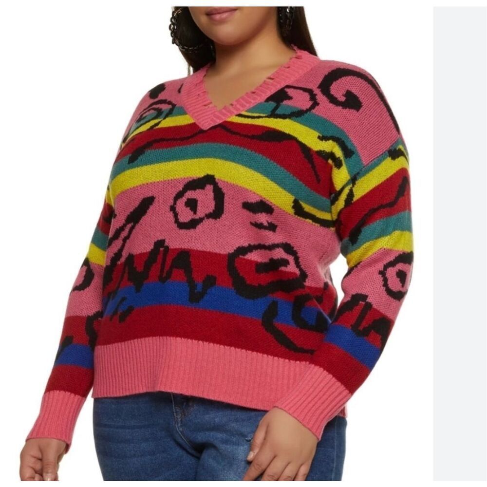 Trendy Threads Retro Multicolored Distressed Vneck Sweater Sz XL